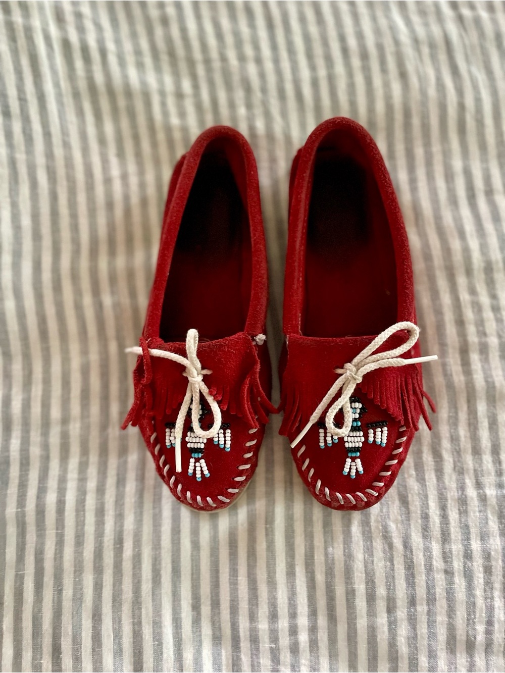 Minnetonka Red Beaded Fringe Moccasins